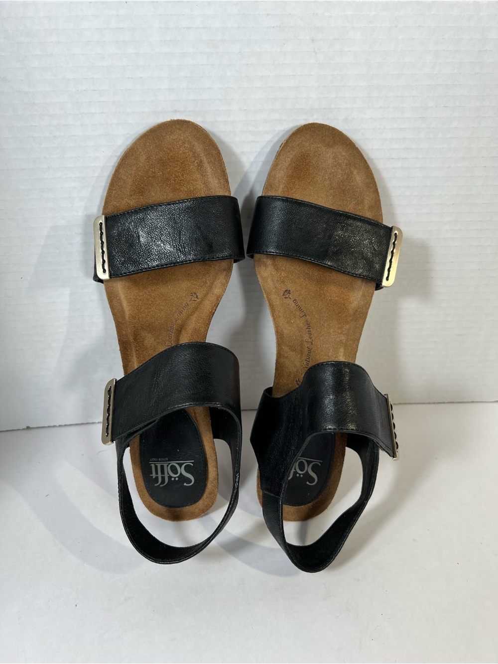 Sofft Black Leather Comfort Wedge Sandals Slingback Hook Loop Size 10M
